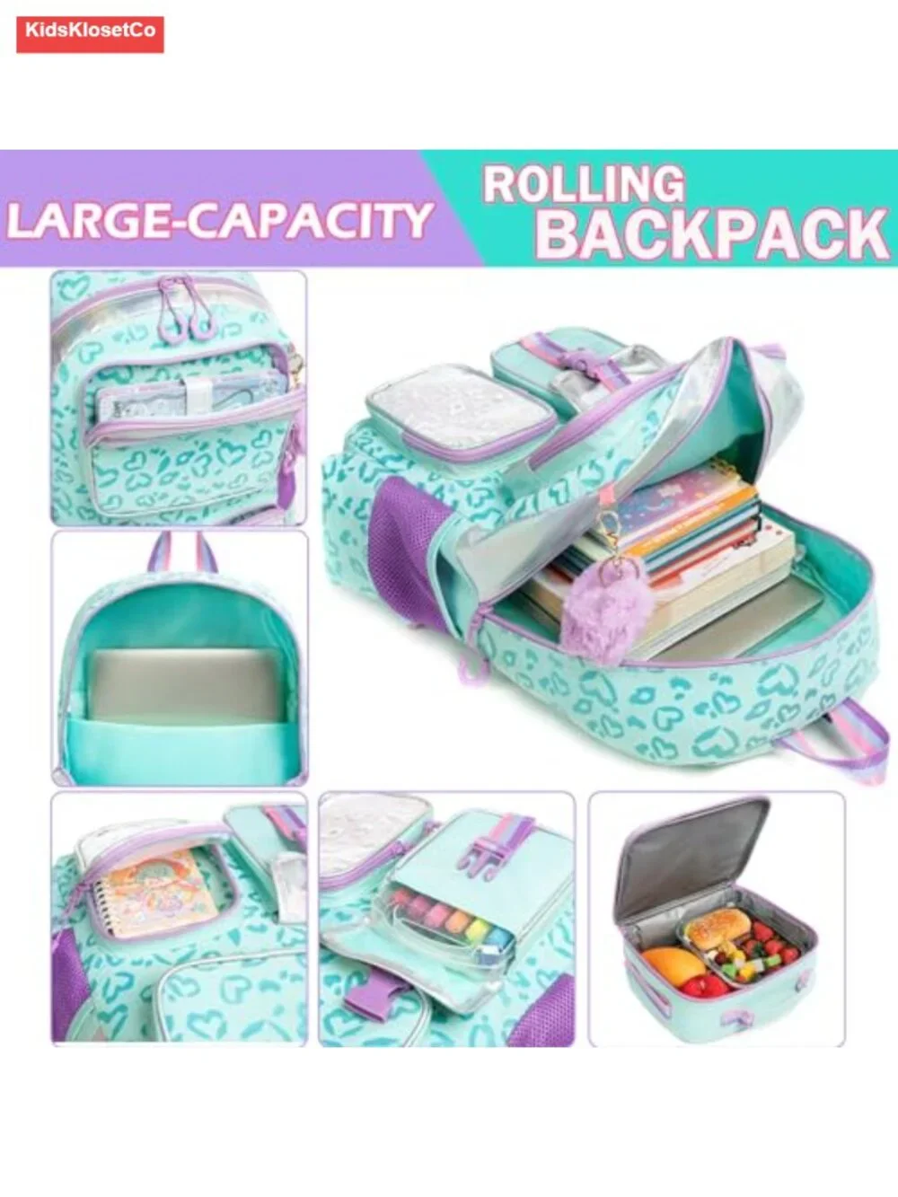 Girls Rolling Backpack with Wheels - Kawaii Carry On Luggage for School, Lunch